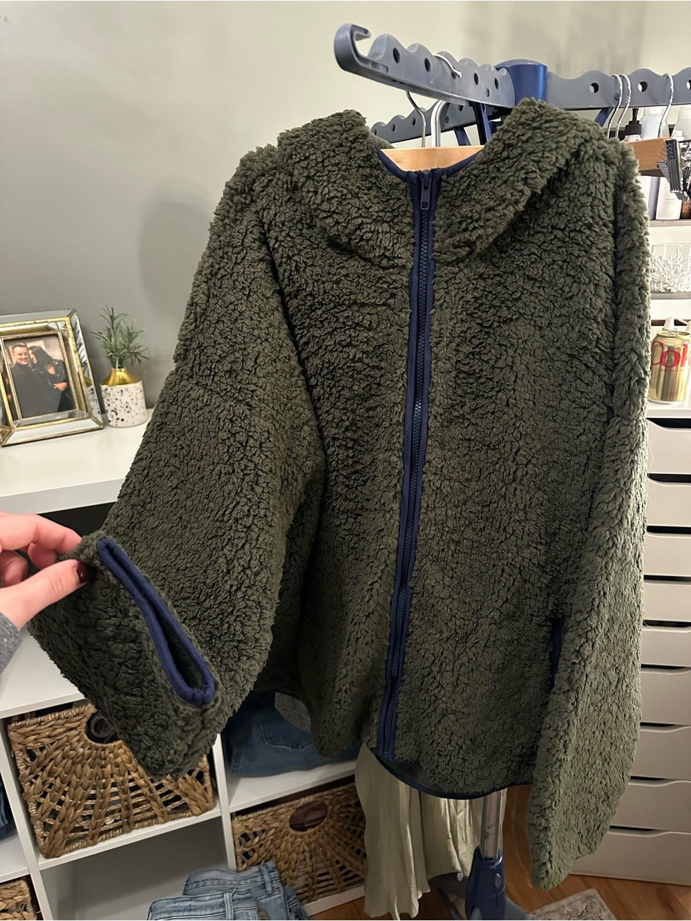Olive Green Sherpa Zip Hoodie Jacket